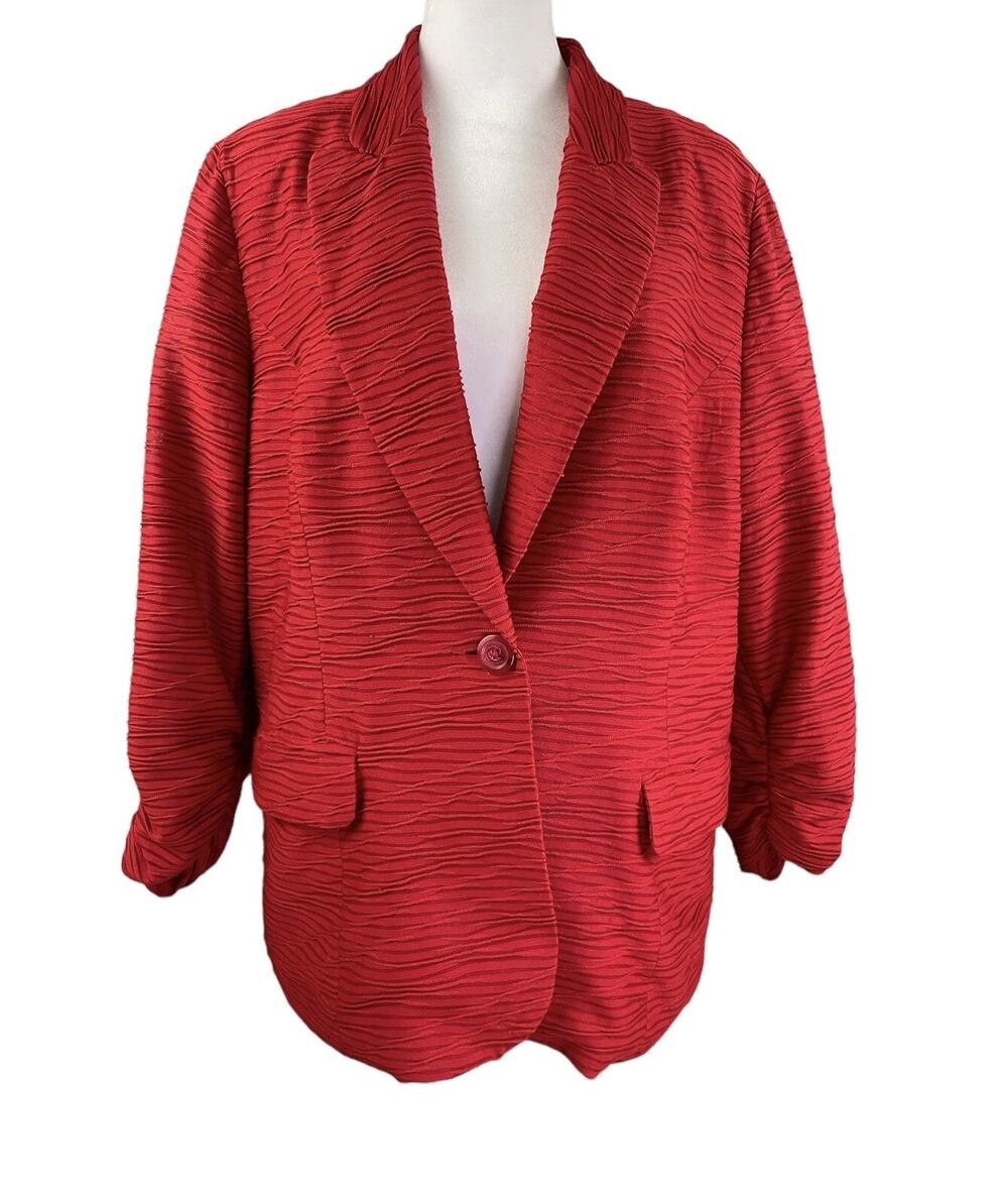 Chico's 2 L Knit Red Textured Jacket Blazer Lined Ruched Sleeves Single Button
